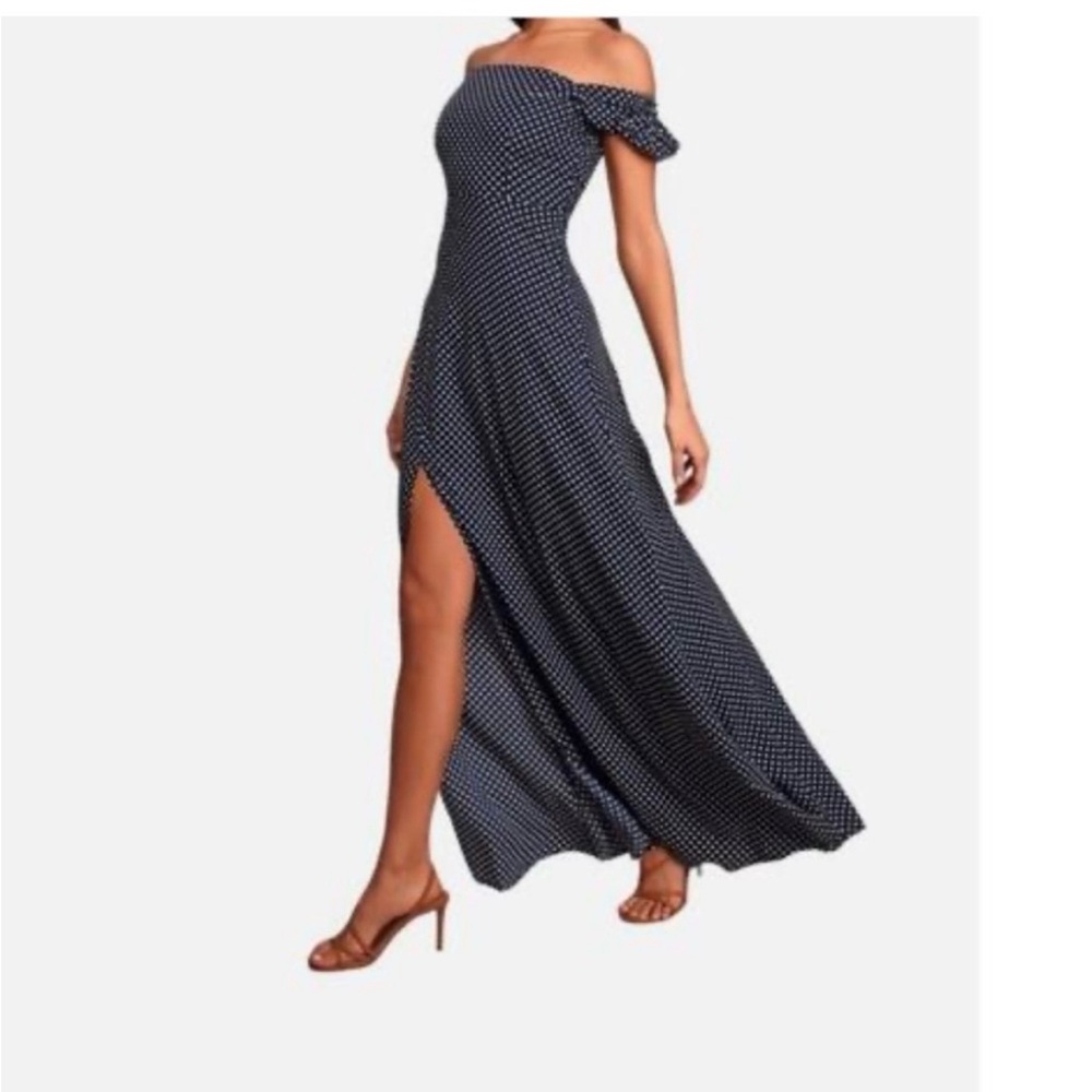 Lulu's Navy and White Polka Dot One-Shoulder Maxi Dress